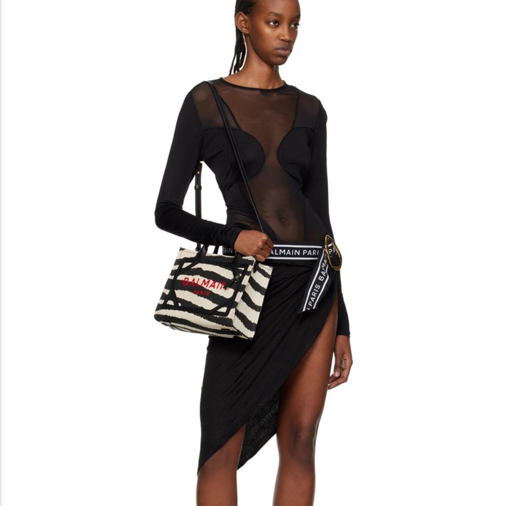 Balmain Black and Cream Zebra Tote with Red Accents